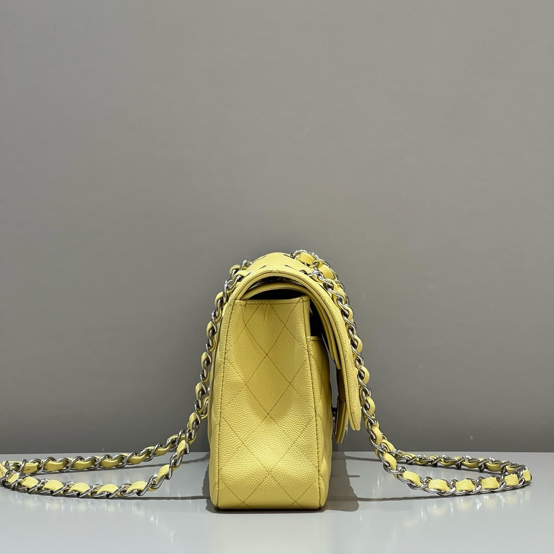 Ch**el CLASSIC HANDBAG GRAINED CALFSKIN & SILVER - TONE METAL Yellow 6×9.9×2.5in