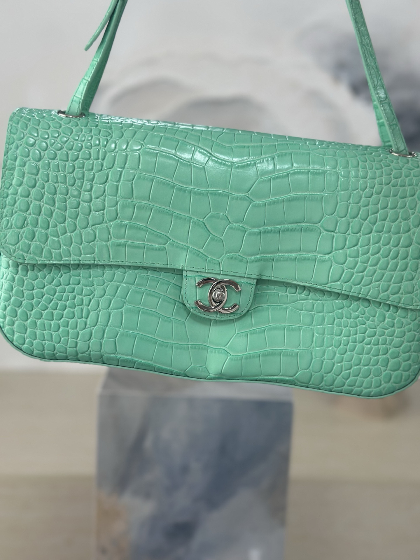 Ch**el Maxi Flap bag Glacier Blue Silver hardware AS6231 19.5x32x10cm