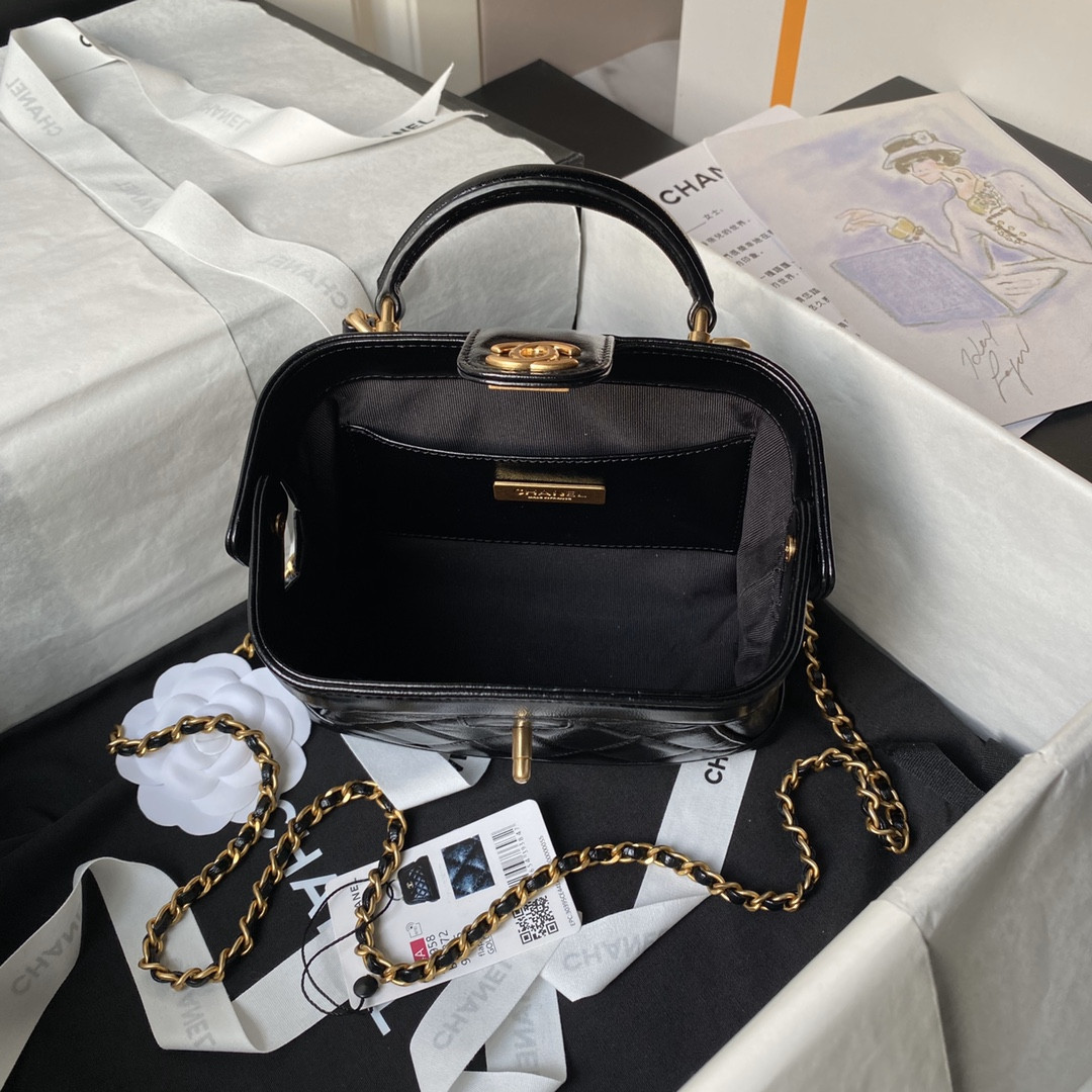 Ch**el MINI BAG WITH TOP HANDLE Shiny Lambskin & Gold-Tone Metal Black 12 × 18 × 7 cm