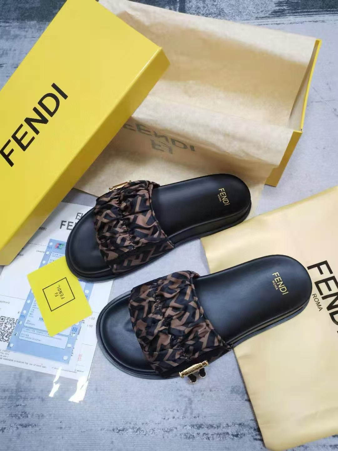 UA F**di Feel Brown satin slides