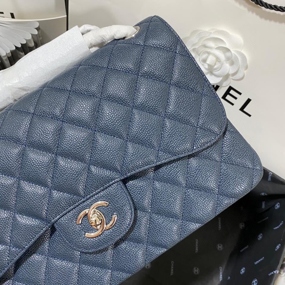 Ch**el Classic Flap Jumbo 30cm CF Blue Silver  7.6 × 11.7 × 3.9 in