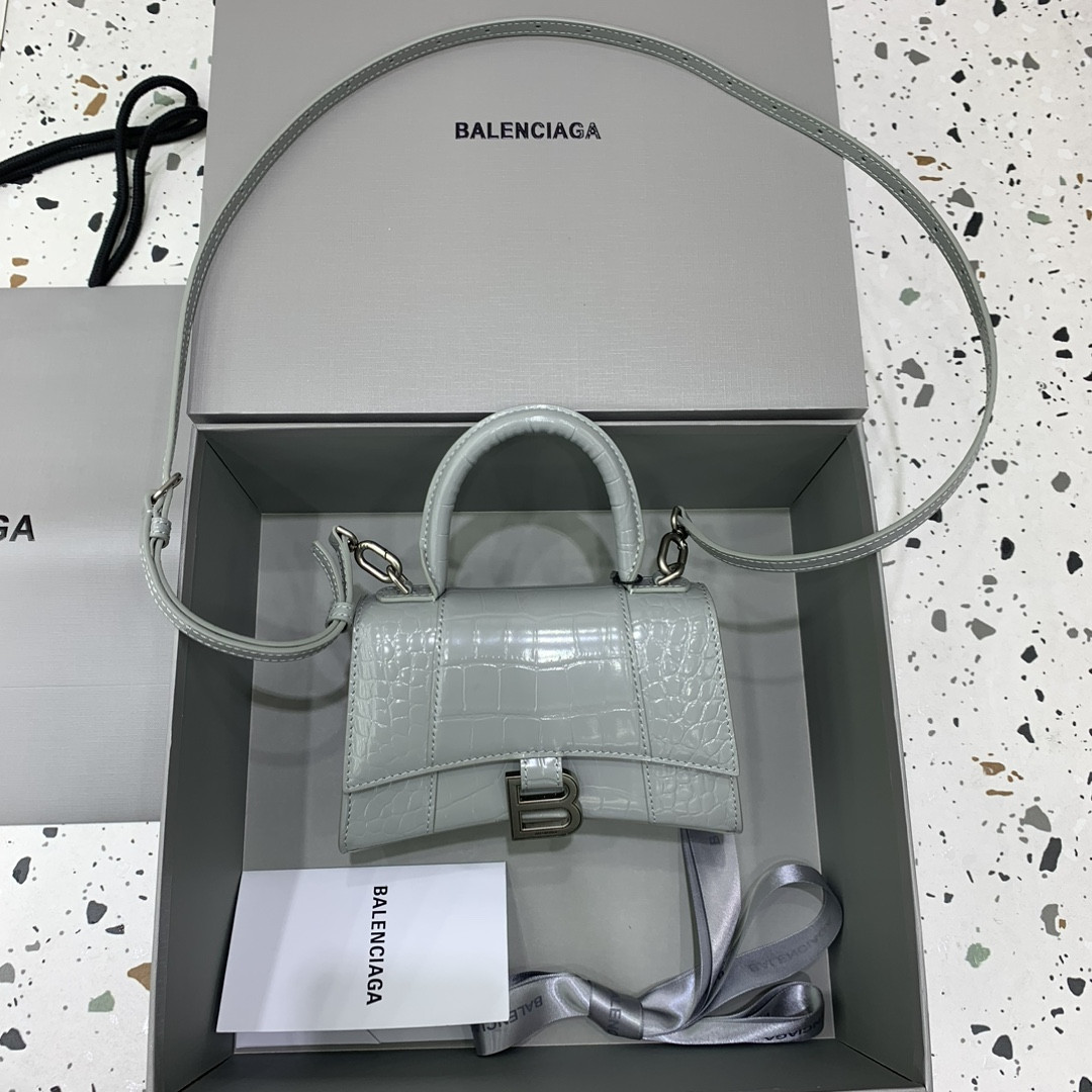 Ba1en*iaga WOMEN'S HOURGLASS MINI HANDBAG CROCODILE EMBOSSED IN GREY L7.4 x H5.1 x W3.1 inch