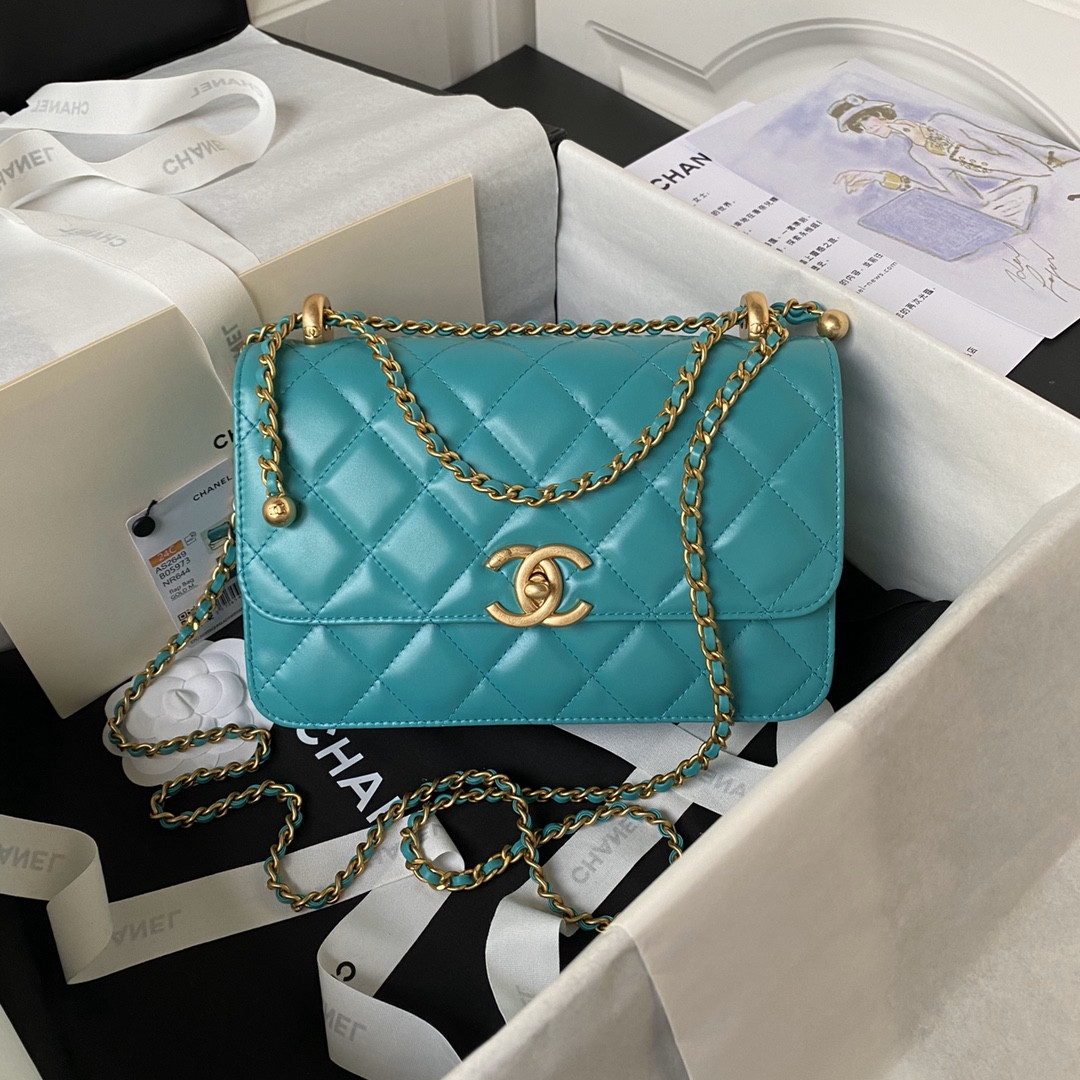 Ch**el FLAP BAG BLUE 22×14.5×8cm