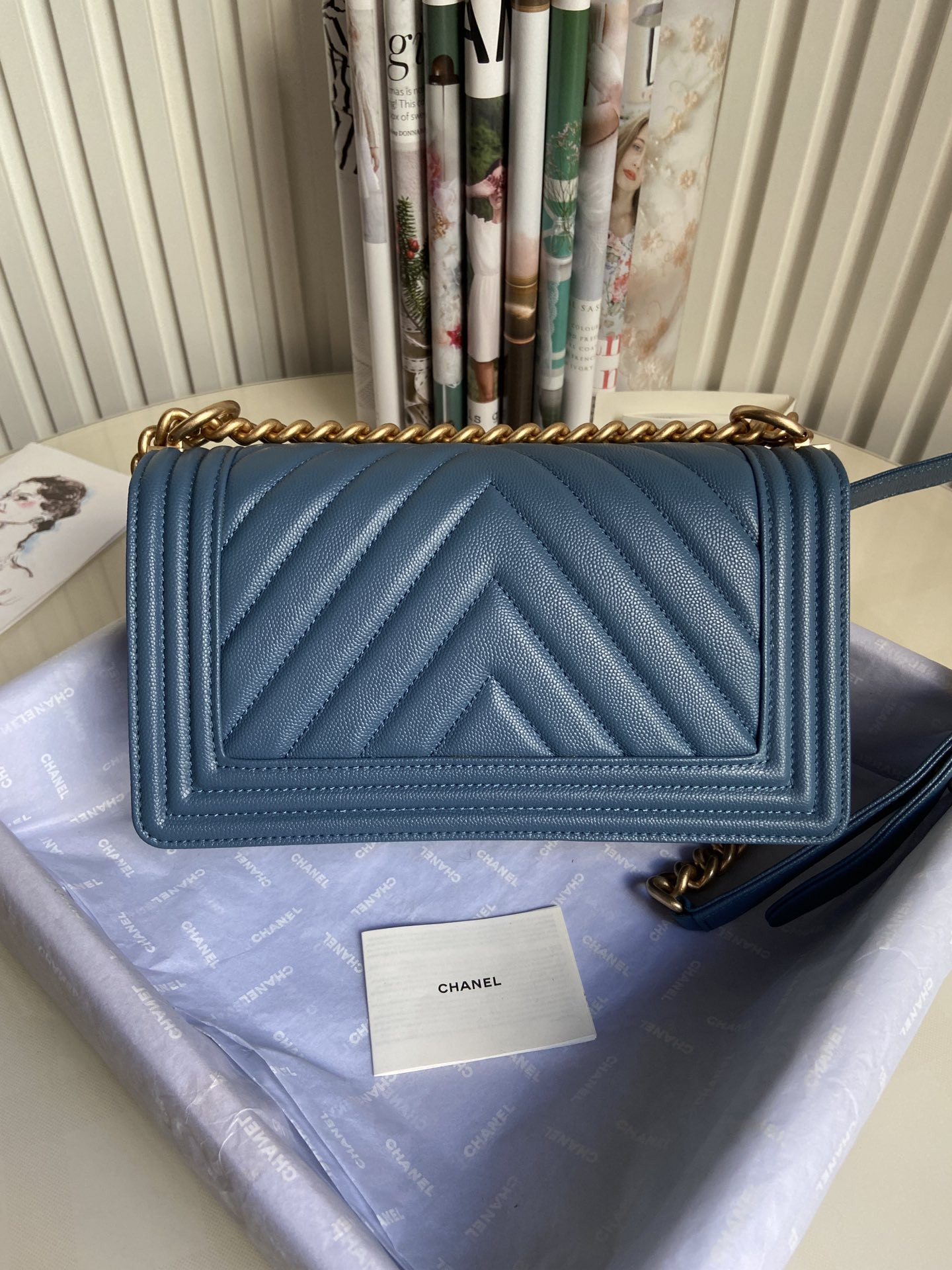 BOY Ch**el HANDBAG Shiny Grained Calfskin & Gold-Tone Metal Blue 5.9 × 9.8 × 3.5 in