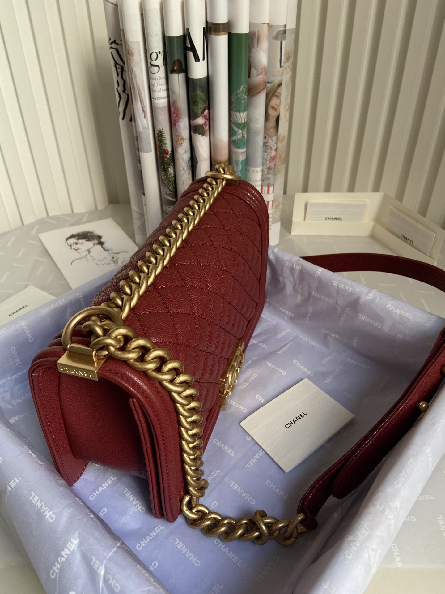 BOY Ch**el HANDBAG Shiny Grained Calfskin & Gold-Tone Metal red 5.9 × 9.8 × 3.5 in