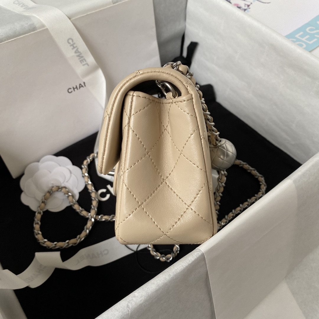 Ch**el MINI FLAP BAG SHINY CALFSKIN & SILVER-TONE METAL LIGHT beige 4.7 × 7.8 × 2.3 in