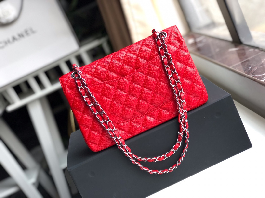 Ch**el CLASSIC HANDBAG GRAINED CALFSKIN & SILVER-TONE METAL SHINY red 6 × 9.9 × 2.5 in
