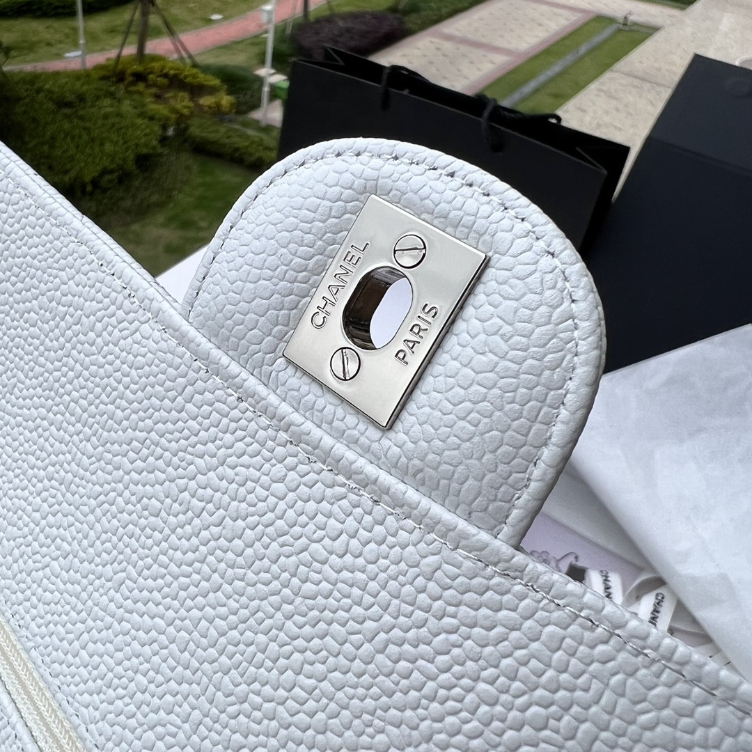 Ch**el CLASSIC HANDBAG GRAINED CALFSKIN & SILVER-TONE METAL WHITE 6 × 9.9 × 2.5 in