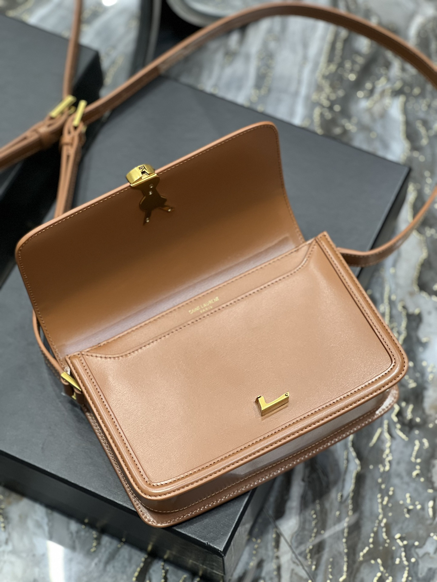 Y51 SOLFERINO MEDIUM SATCHEL IN BOX Sa1nt Lau*nt BROWN 9.1 X 6.3 X 2.4 INCHES