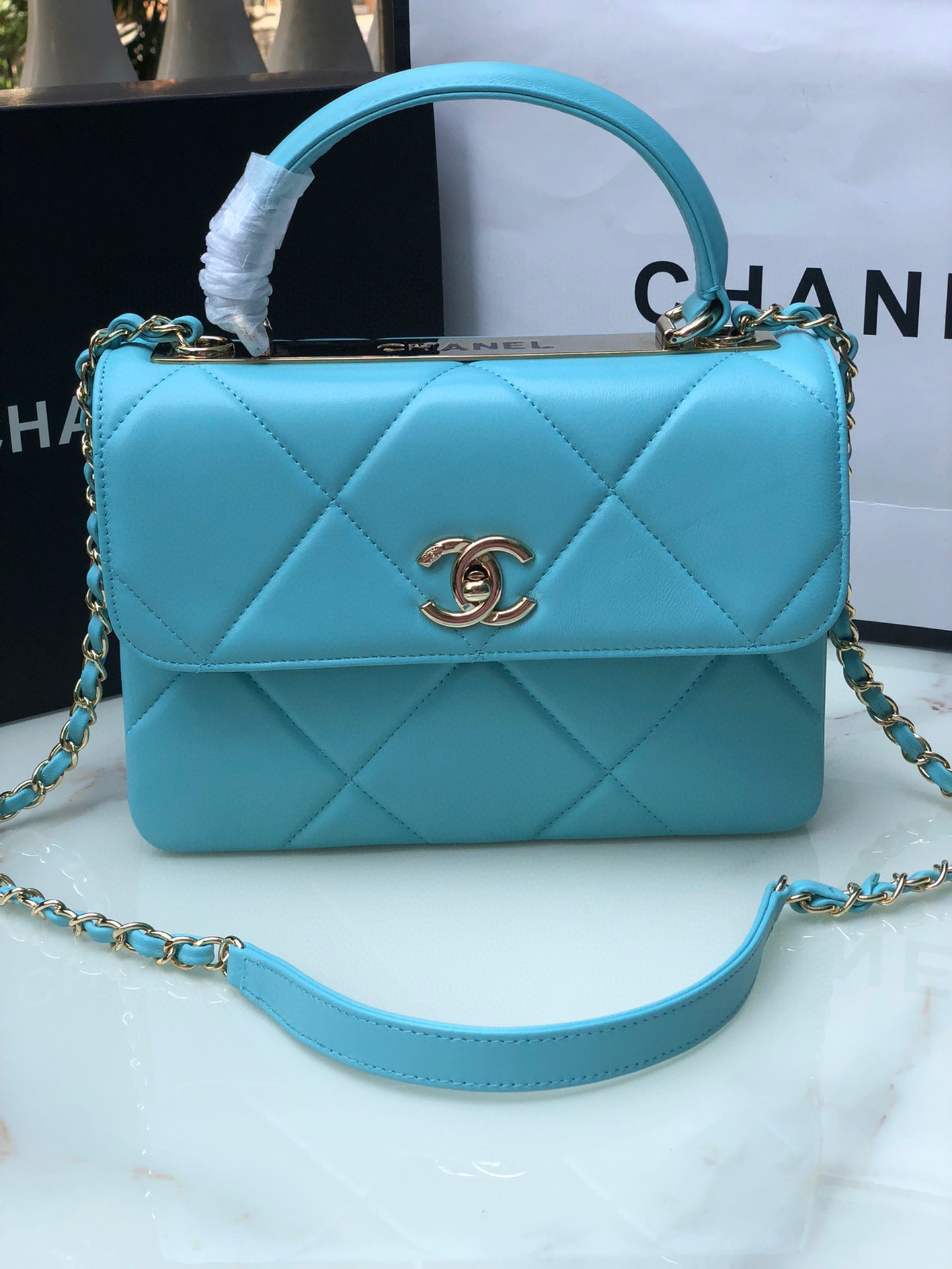 Ch**el FLAP BAG WITH TOP HANDLE 6.6 × 9.8 × 4.7 in