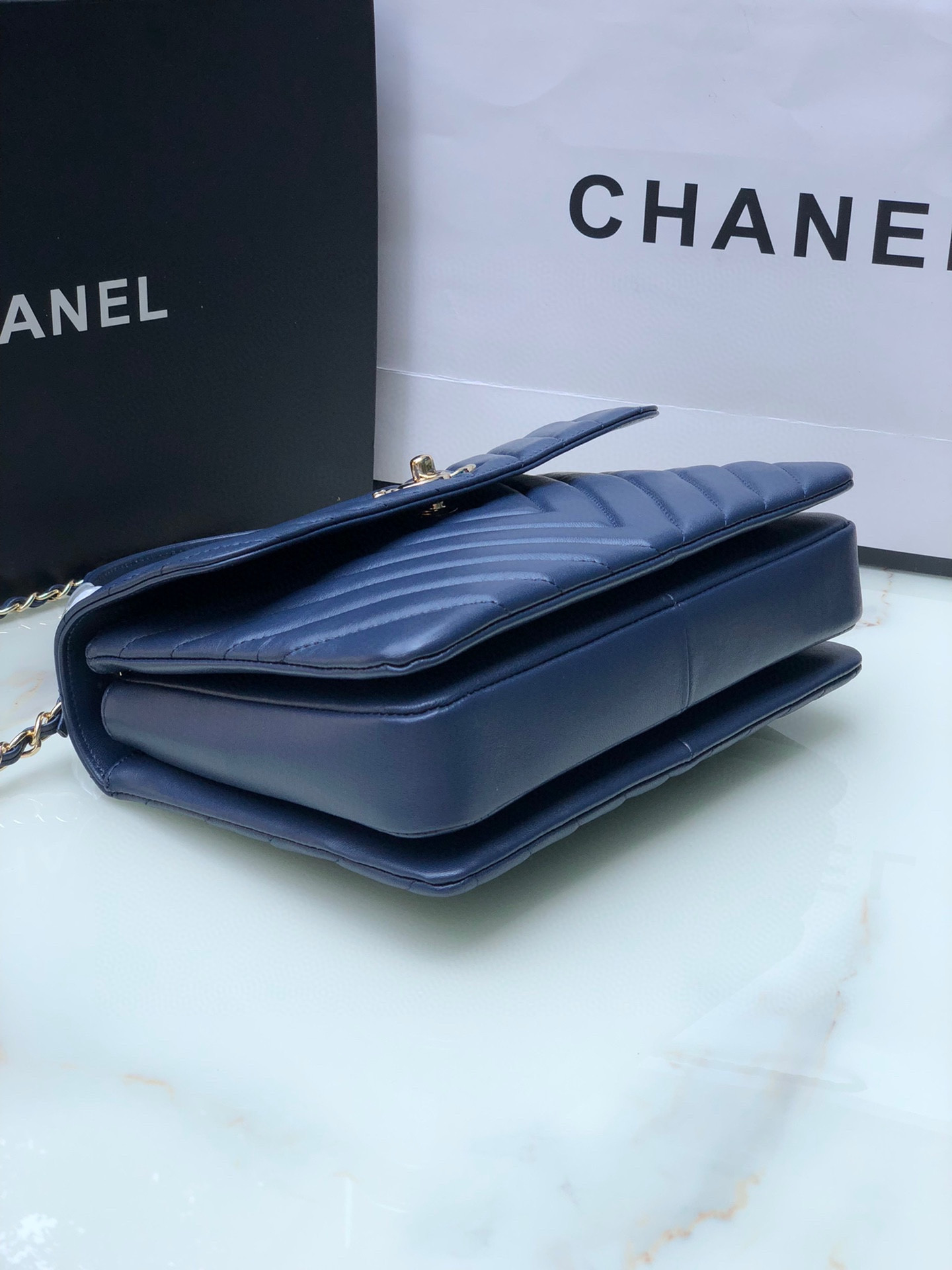 Ch**el FLAP BAG WITH TOP HANDLE NAVY 6.6 × 9.8 × 4.7 in