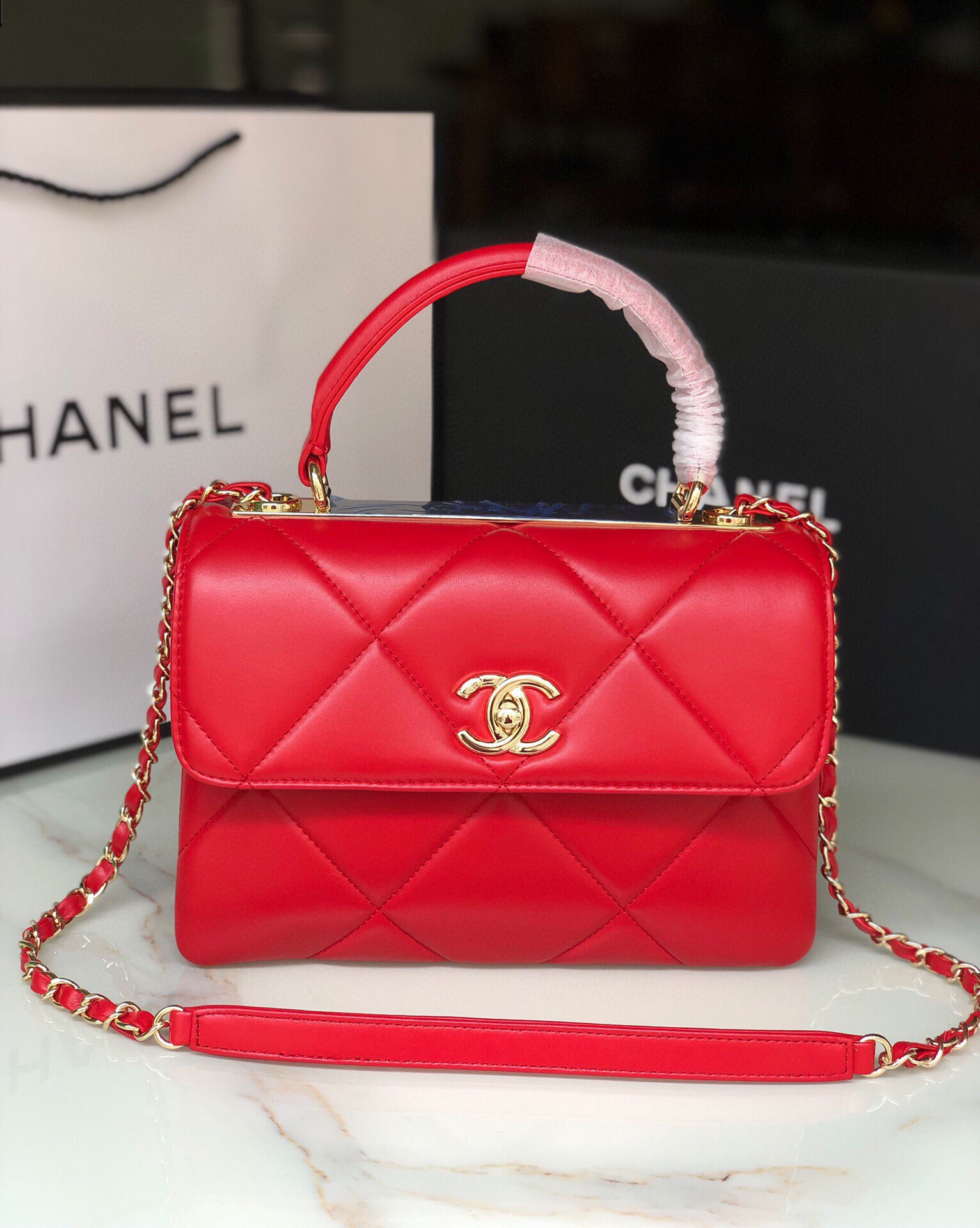 Ch**el FLAP BAG WITH TOP HANDLE 6.6 × 9.8 × 4.7 in