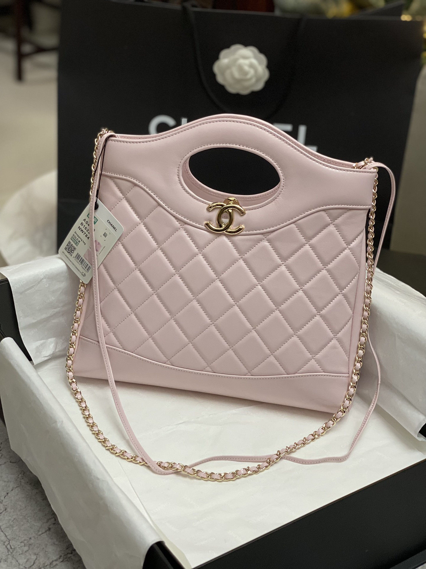 Ch**el SHOPPING BAG Shiny Lambskin & Gold-Tone Metal 11.7 × 11.3 × 3.5 in