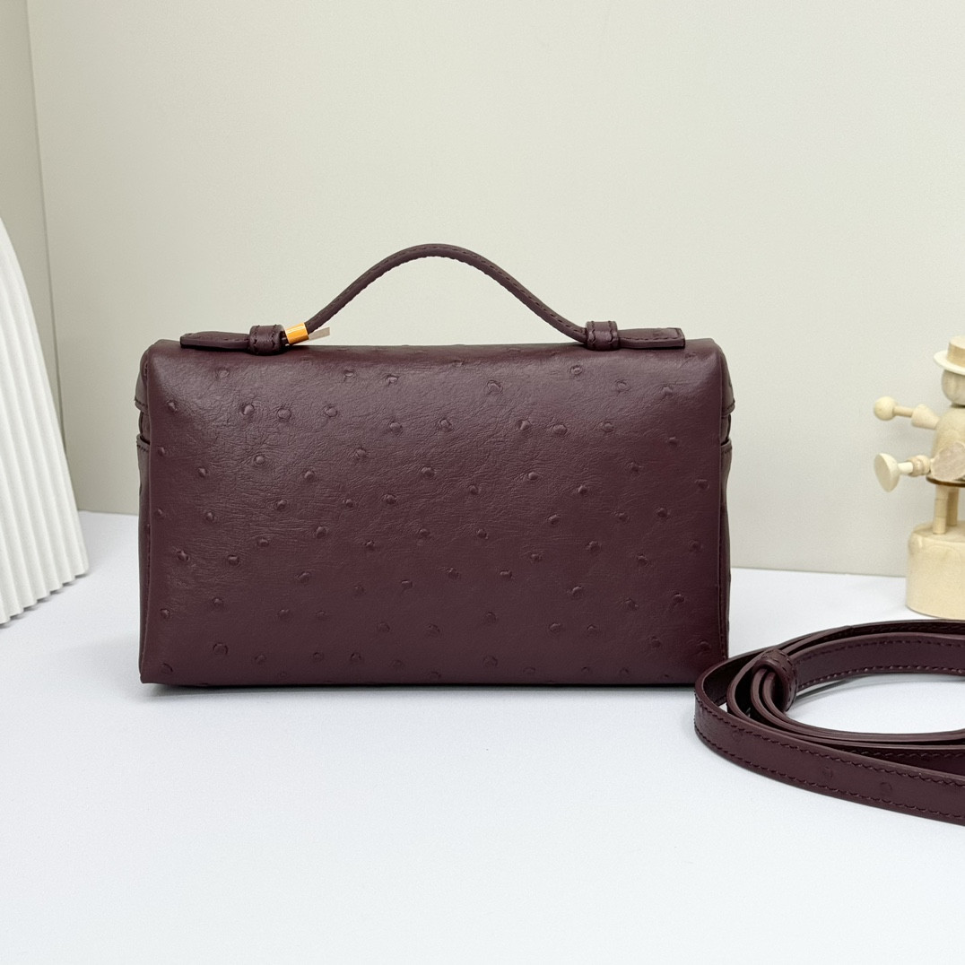 L0r0 P1ana Extra Pocket L19 Ostrich-grained Leather 11 x 19 x 6.5 cm