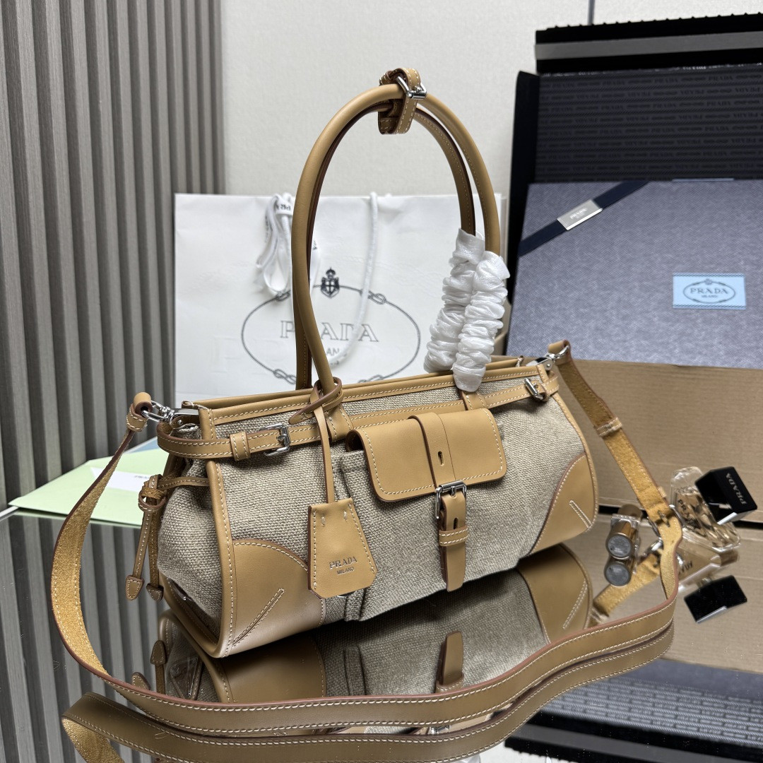 Pra*a Bonnie Medium Linen and Leather Handbag 15.5x32x12cm